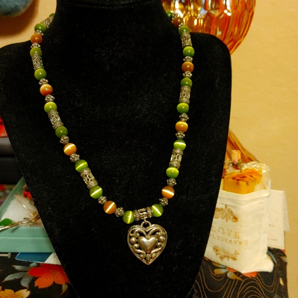 Multi stone and silver heart necklace